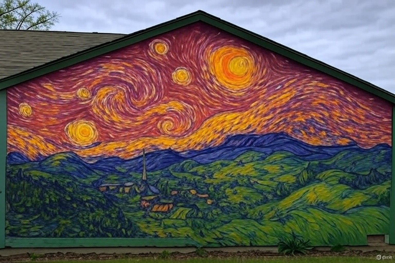 A colorful impressionistic mural on the side of a house.